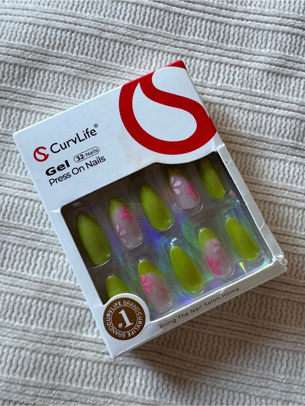 Curvlife Gel Press-On Nails in Neon Green with Pink Floral Accent